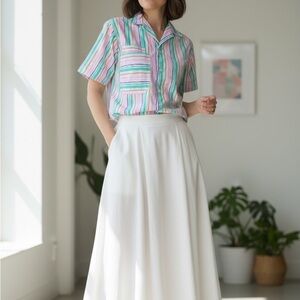 VTG 90s Cotton Colorful Striped Short Sleeve Shirt Boxy Fit Double Pocket M